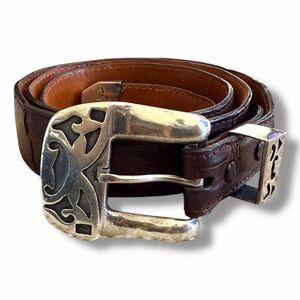 Pat Areias Men’s Brown Western Caiman Crocodile Silver 925 Buckle Belt Size 38